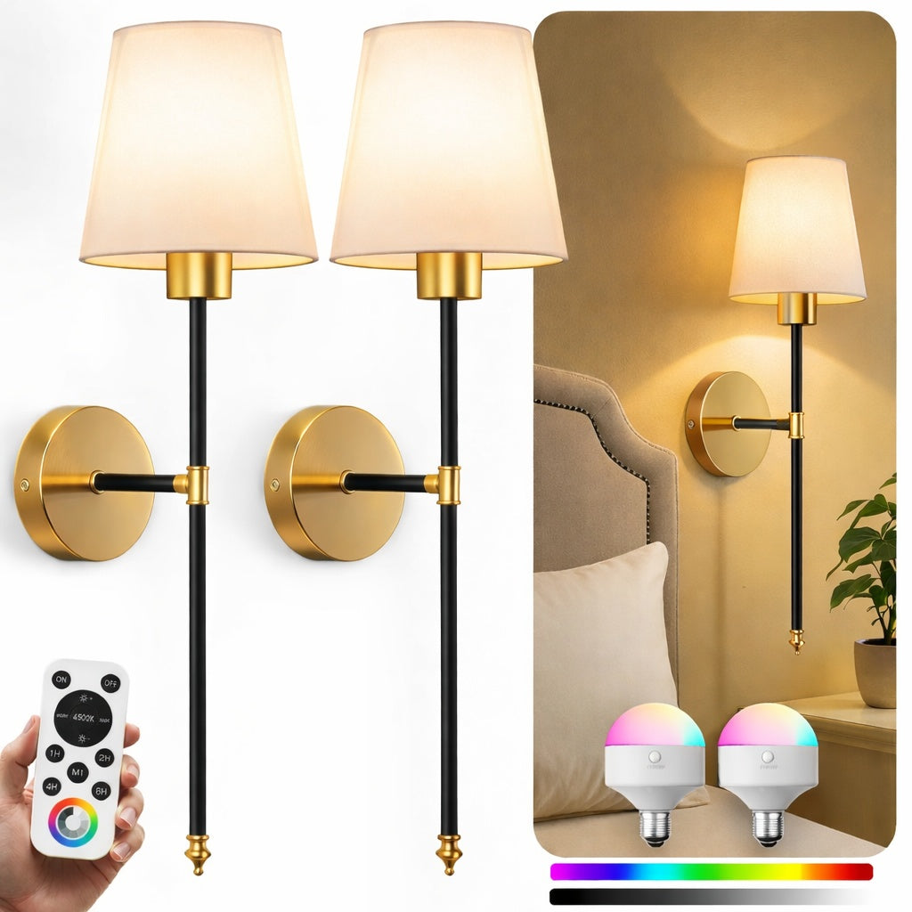 IRONPAX Wall Sconces Battery Operated Set of 2, Wireless Rechargeable Wall Sconce Set of Two, Dimmable Wall Lights with Remote for Bedroom Living Room Hallway Decor (Fabric Shade)