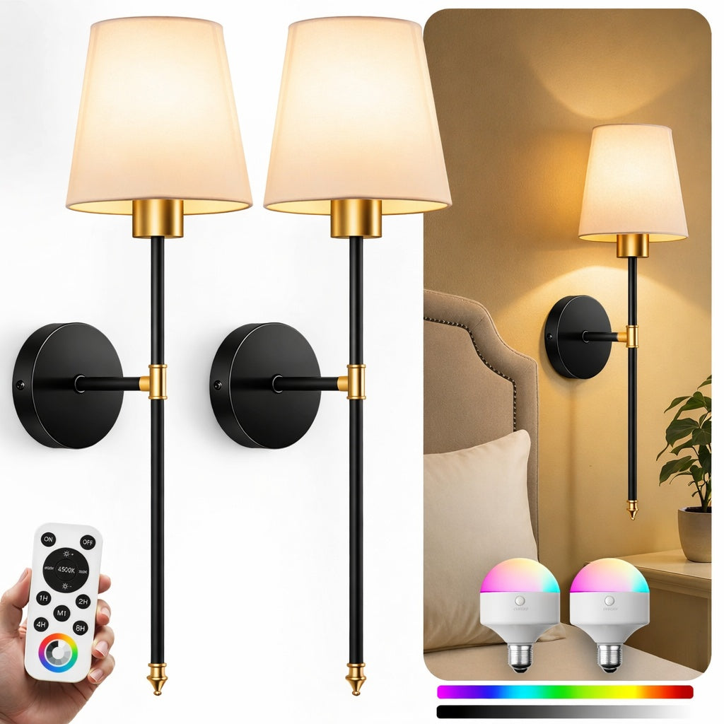 IRONPAX Wall Sconces Battery Operated Set of 2, Wireless Rechargeable Wall Sconce Set of Two, Dimmable Wall Lights with Remote for Bedroom Living Room Hallway Decor (Fabric Shade)