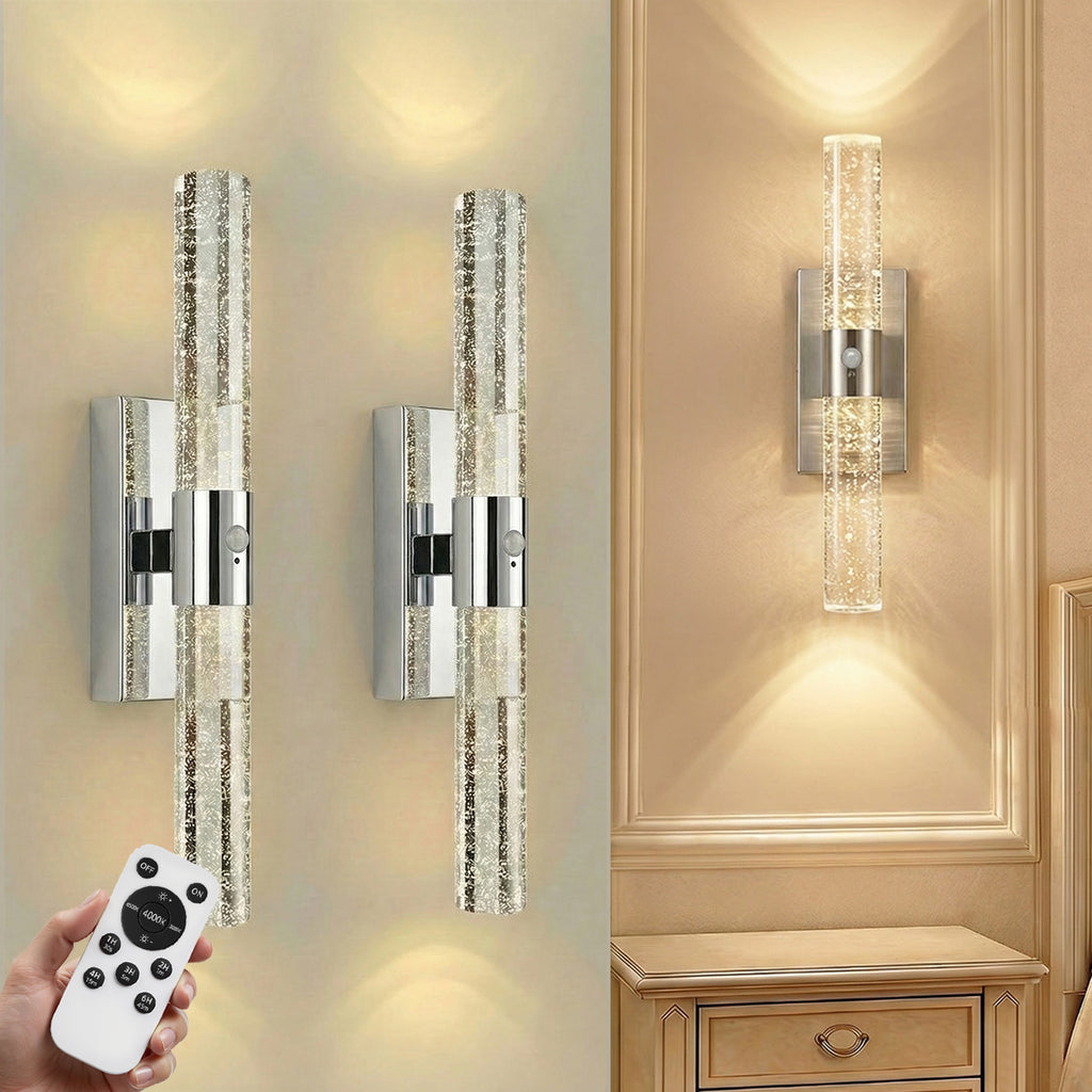 IRONPAX Wall Sconces Battery Operated Set of 2, Wireless Rechargeable Wall Sconce Set of Two, Dimmable Wall Lights with Remote for Bedroom Living Room Hallway Decor (Bubble Crystal)