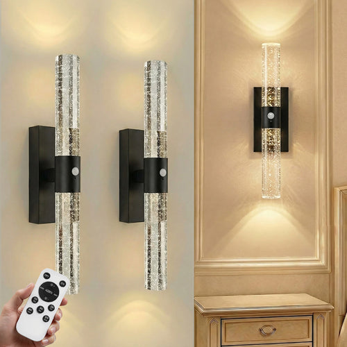 IRONPAX Wall Sconces Battery Operated Set of 2, Wireless Rechargeable Wall Sconce Set of Two, Dimmable Wall Lights with Remote for Bedroom Living Room Hallway Decor (Bubble Crystal)