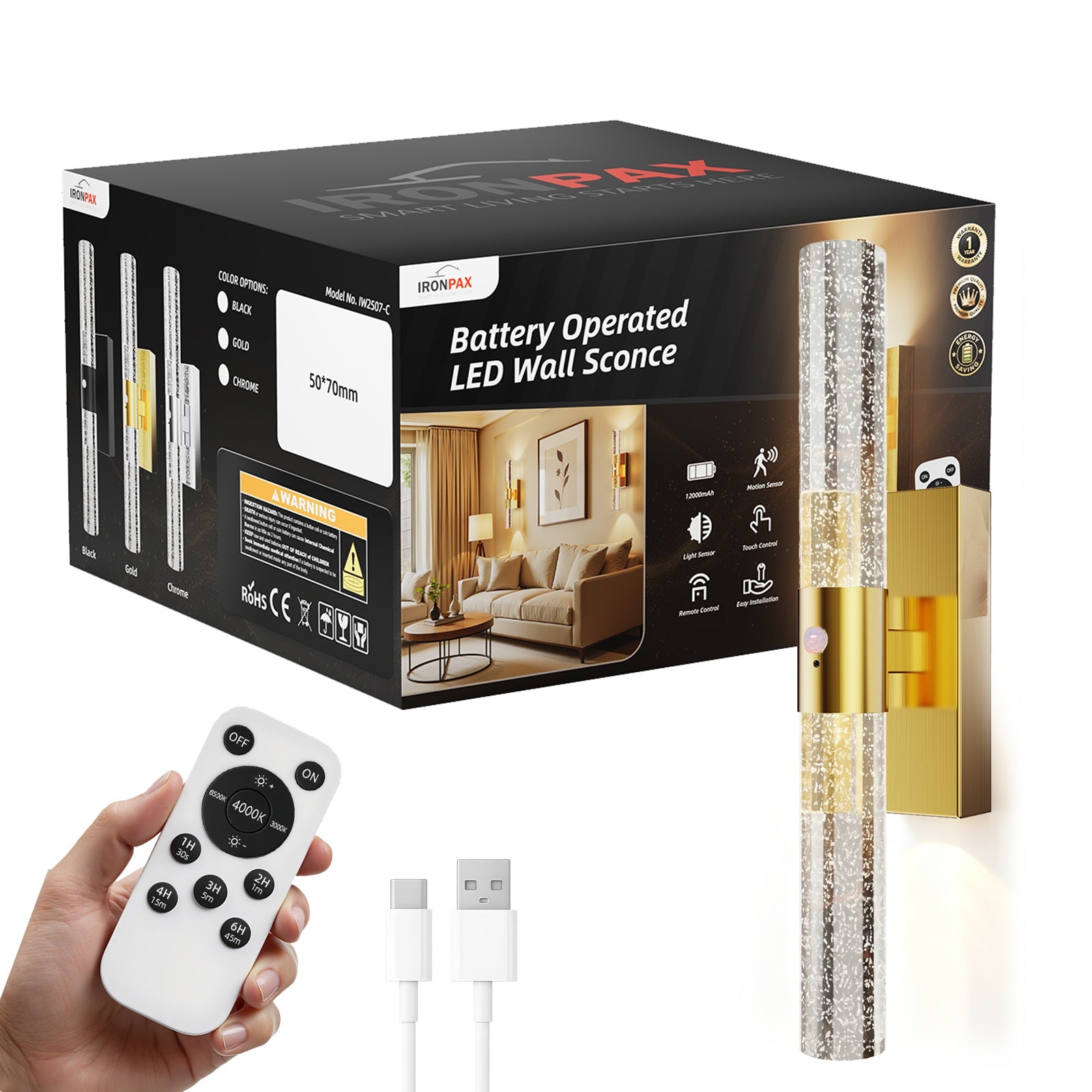 Motion Sensor Wall Sconces Battery Operated Set of 2, Rechargeable Wall Sconce, 3CCT Battery Wall Sconce, 12000mAh Dimmable with Remote for Bedroom, Living rome, Hallway (15.3 inch)