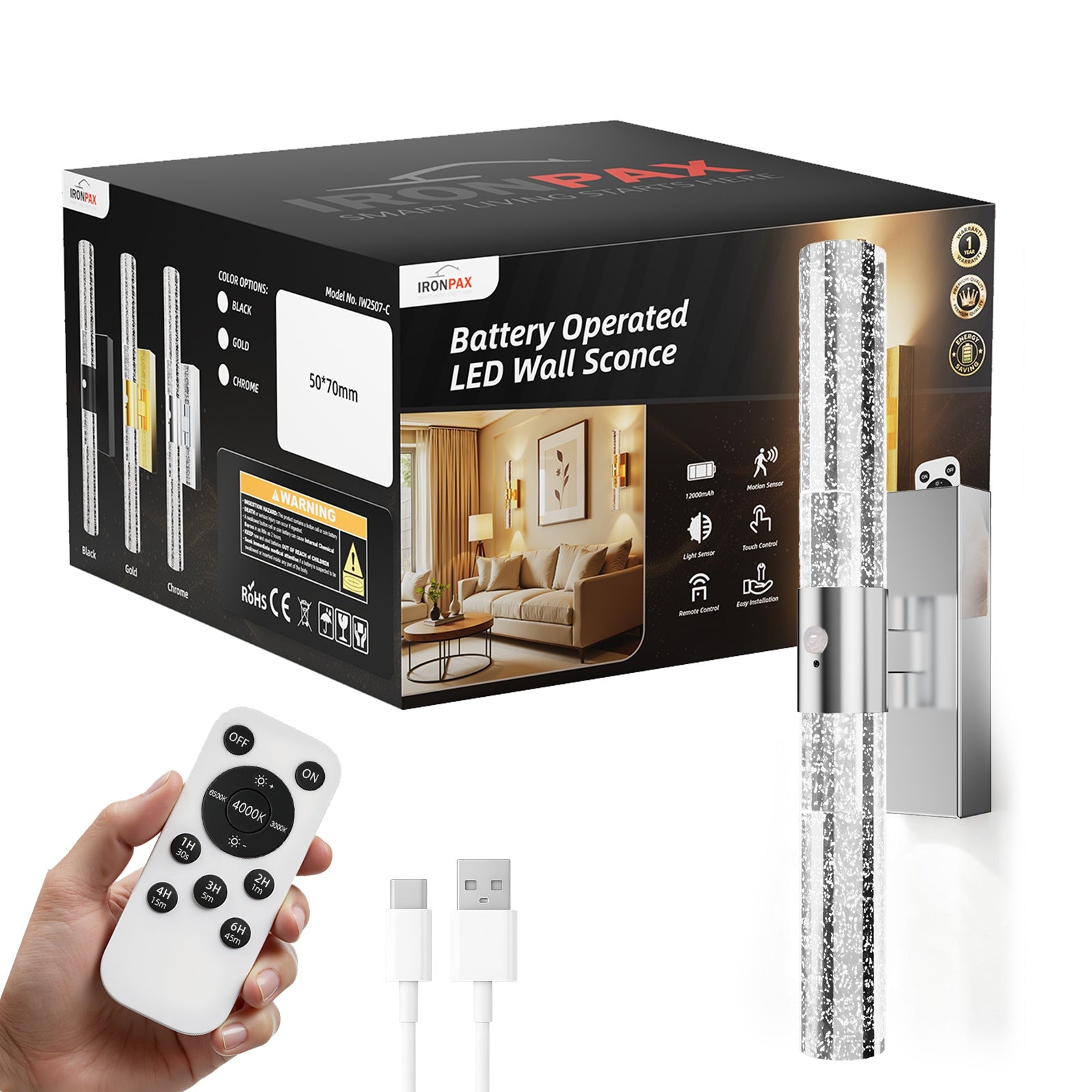 Motion Sensor Wall Sconces Battery Operated Set of 2, Rechargeable Wall Sconce, 3CCT Battery Wall Sconce, 12000mAh Dimmable with Remote for Bedroom, Living rome, Hallway (15.3 inch)