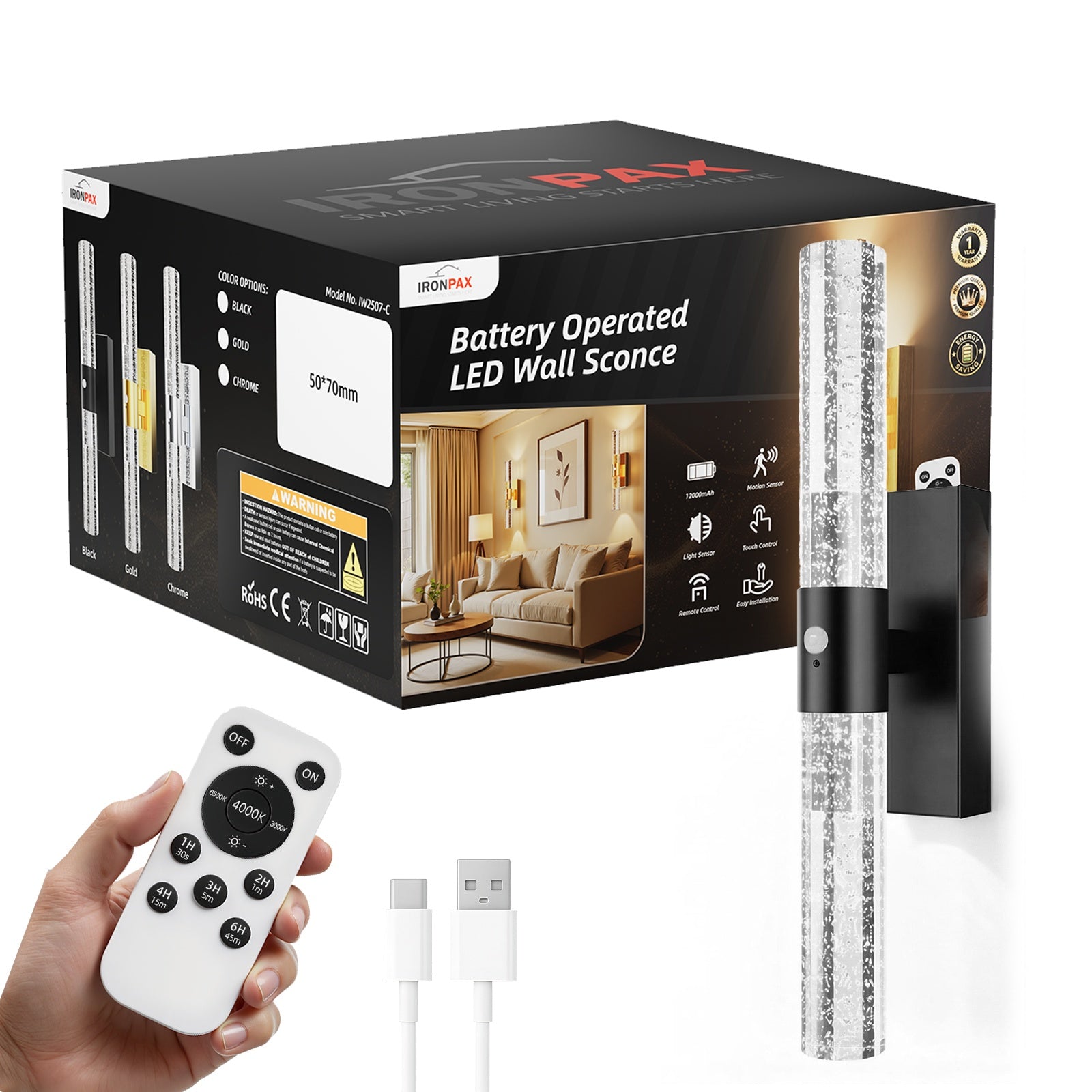 Motion Sensor Wall Sconces Battery Operated Set of 2, Rechargeable Wall Sconce, 3CCT Battery Wall Sconce, 12000mAh Dimmable with Remote for Bedroom, Living rome, Hallway (15.3 inch)