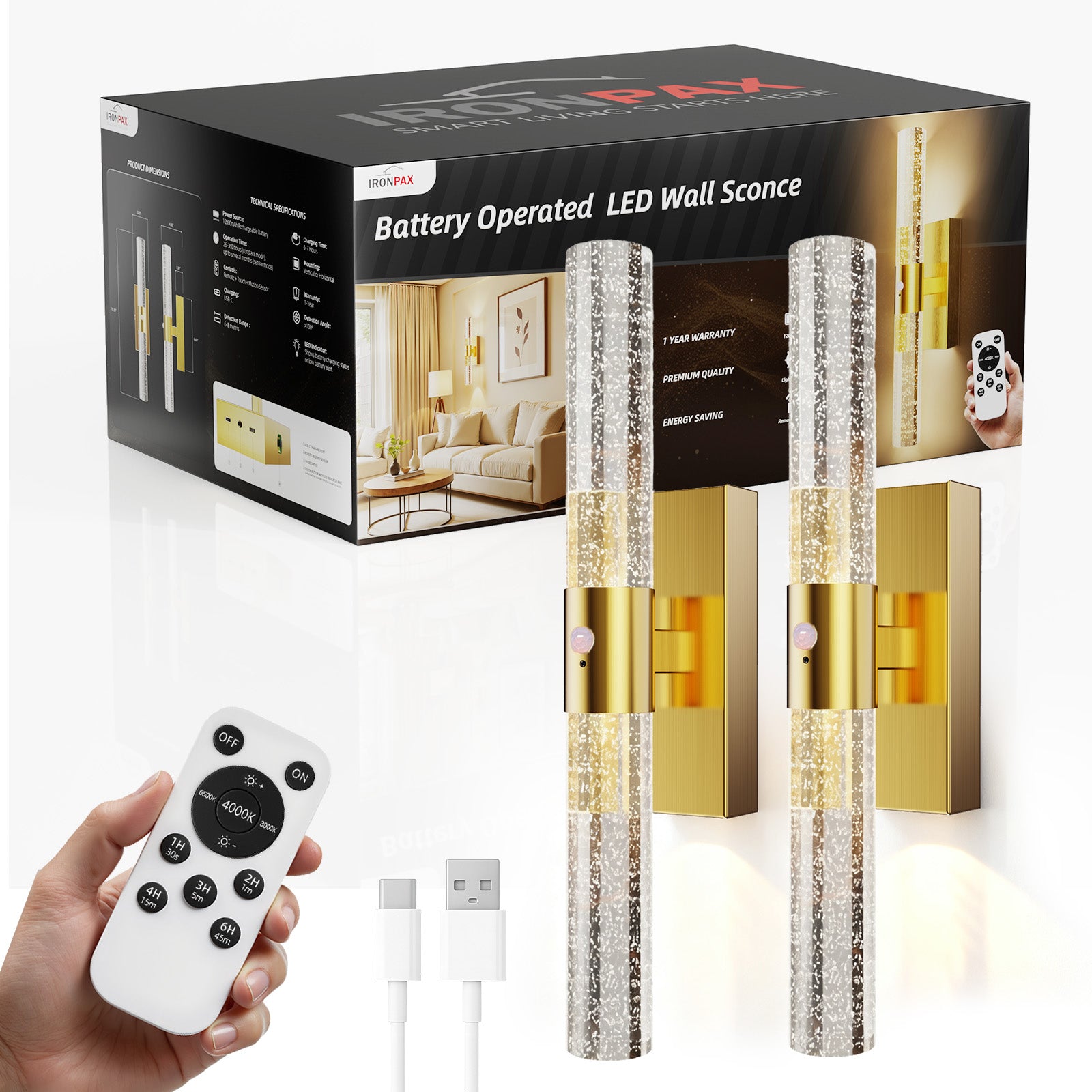 Motion Sensor Wall Sconces Battery Operated Set of 2, Rechargeable Wall Sconce, 3CCT Battery Wall Sconce, 12000mAh Dimmable with Remote for Bedroom, Living rome, Hallway (15.3 inch)