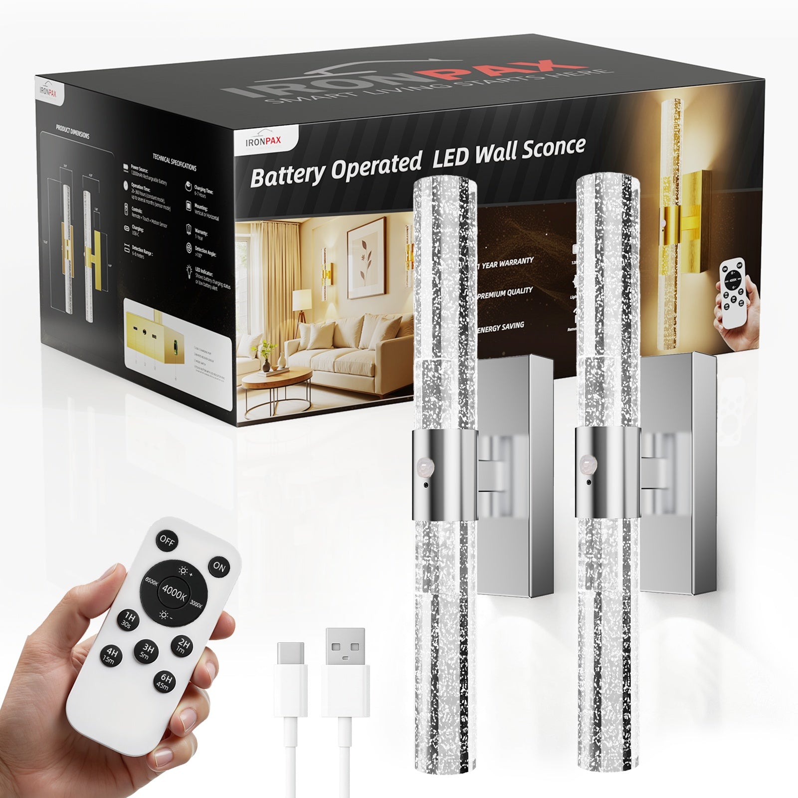 Motion Sensor Wall Sconces Battery Operated Set of 2, Rechargeable Wall Sconce, 3CCT Battery Wall Sconce, 12000mAh Dimmable with Remote for Bedroom, Living rome, Hallway (15.3 inch)