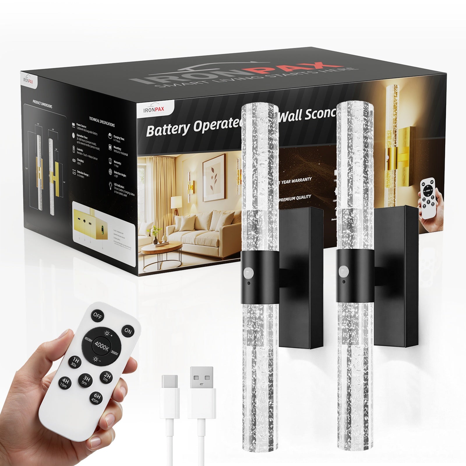 Motion Sensor Wall Sconces Battery Operated Set of 2, Rechargeable Wall Sconce, 3CCT Battery Wall Sconce, 12000mAh Dimmable with Remote for Bedroom, Living rome, Hallway (15.3 inch)