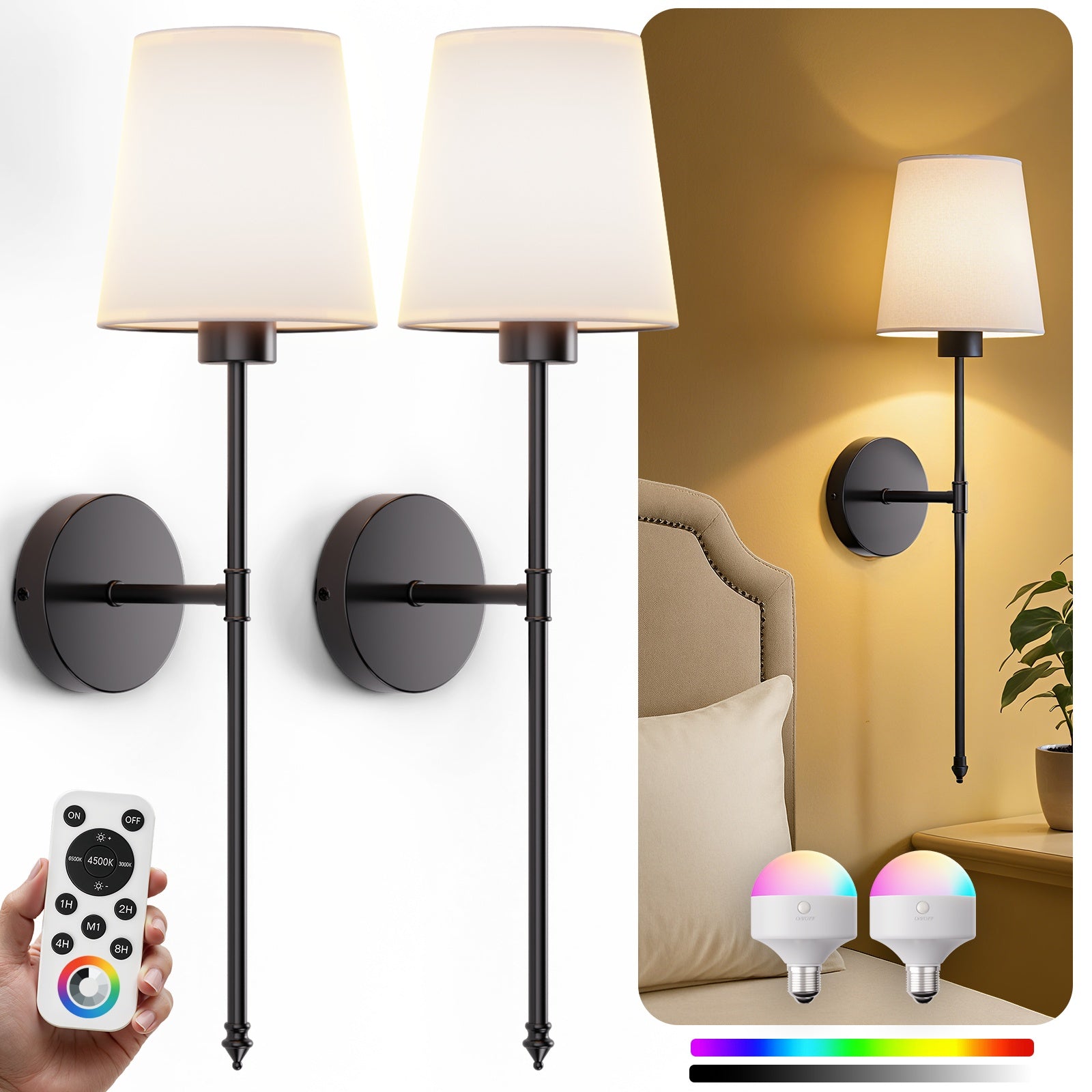 Wall Sconces Battery Operated Set of 2, Wireless Wall Sconces Set of Two, 10 Colors Battery Wall Sconce, 5200mAh Dimmable Bulbs and Remote, for Bedroom Living Room, Hallway Decor (24 inch)