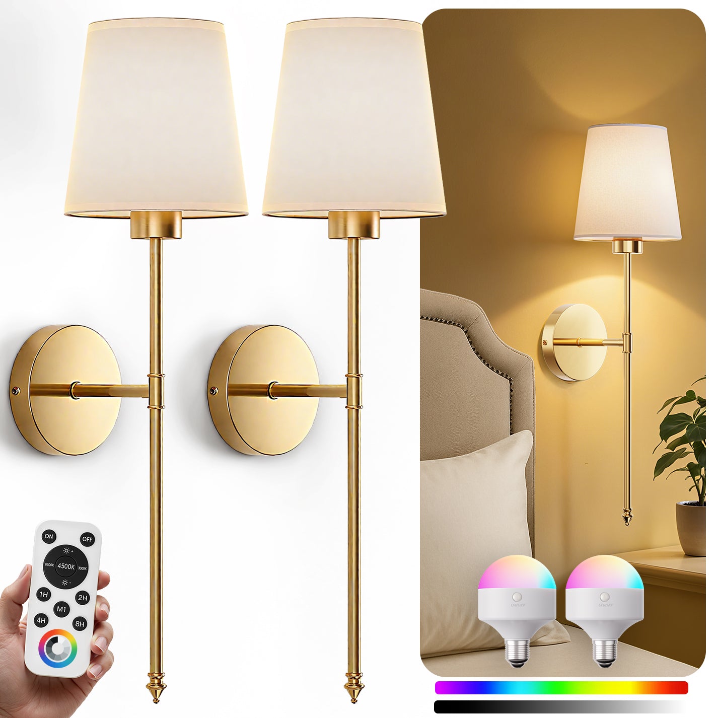 Wall Sconces Battery Operated Set of 2, Wireless Wall Sconces Set of Two, 10 Colors Battery Wall Sconce, 5200mAh Dimmable Bulbs and Remote, for Bedroom Living Room, Hallway Decor (24 inch)
