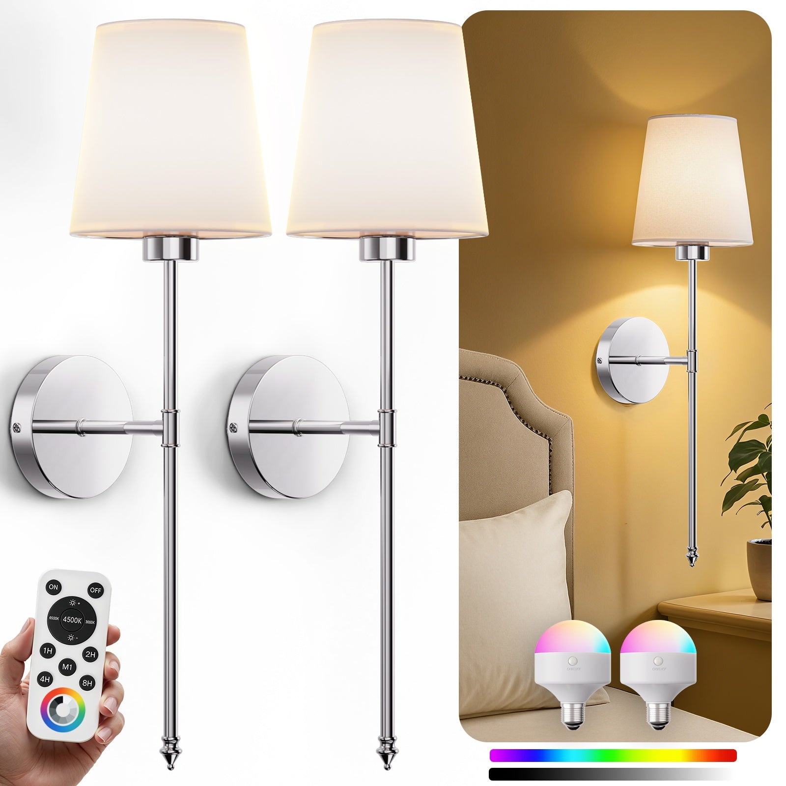 Wall Sconces Battery Operated Set of 2, Wireless Wall Sconces Set of Two, 10 Colors Battery Wall Sconce, 5200mAh Dimmable Bulbs and Remote, for Bedroom Living Room, Hallway Decor (24 inch)