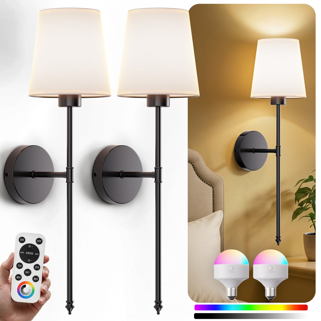 IRONPAX Wall Sconces Battery Operated Set of 2, Wireless Rechargeable Wall Sconce Set of Two, Dimmable Wall Lights with Remote for Bedroom Living Room Hallway Decor (Fabric Shade)