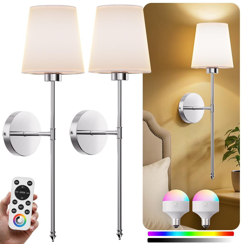 IRONPAX Wall Sconces Battery Operated Set of 2, Wireless Rechargeable Wall Sconce Set of Two, Dimmable Wall Lights with Remote for Bedroom Living Room Hallway Decor (Fabric Shade)