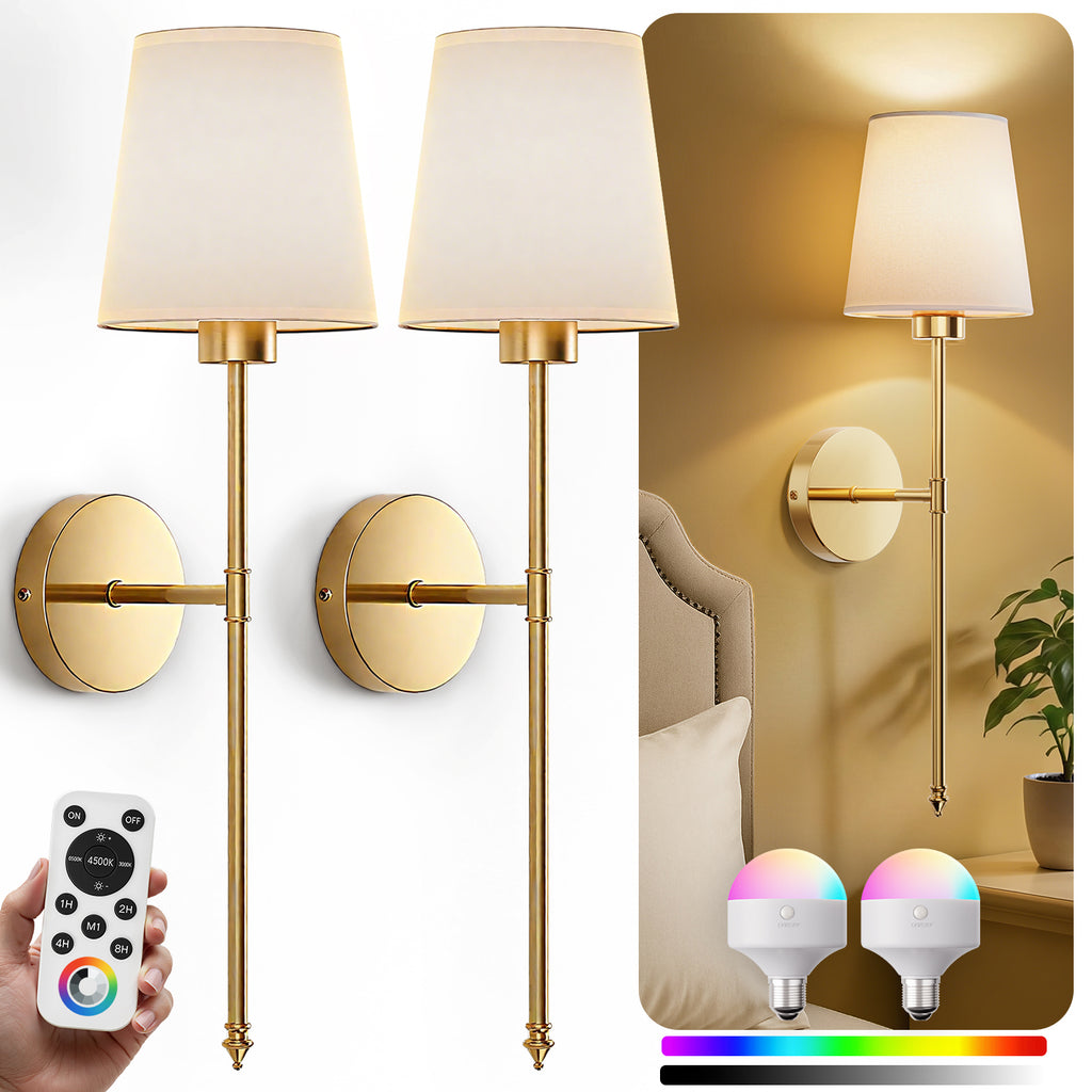 Wall Sconces Battery Operated Set of 2, Rechargeable Wall Sconce, 10 Colors Wireless Wall Sconces Set of Two, 5200mAh Dimmable Bulbs and Remote, for Bedroom Living Room, Hallway Decor (24 inch)