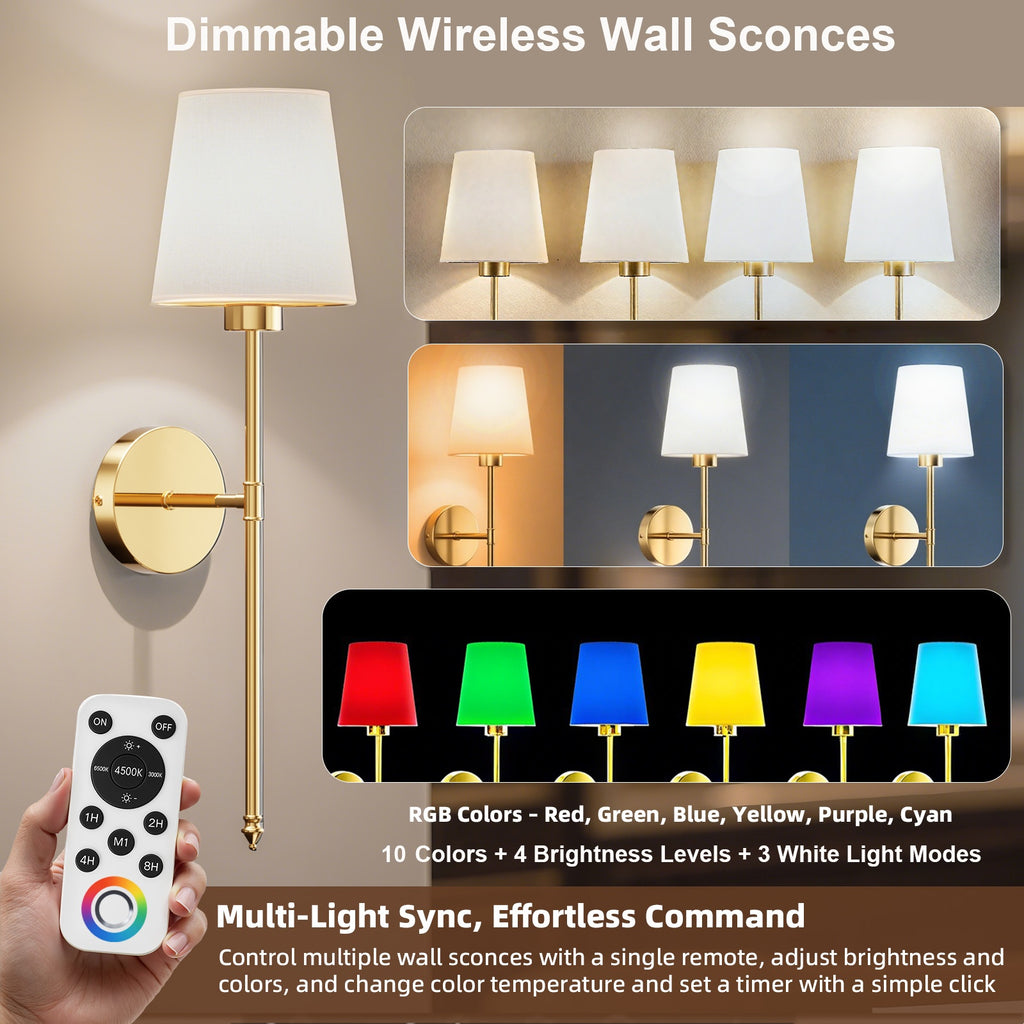 Wall Sconces Battery Operated Set of 2, Wireless Wall Sconces Set of Two, 10 Colors Battery Wall Sconce, 5200mAh Dimmable Bulbs and Remote, for Bedroom Living Room, Hallway Decor (24 inch)