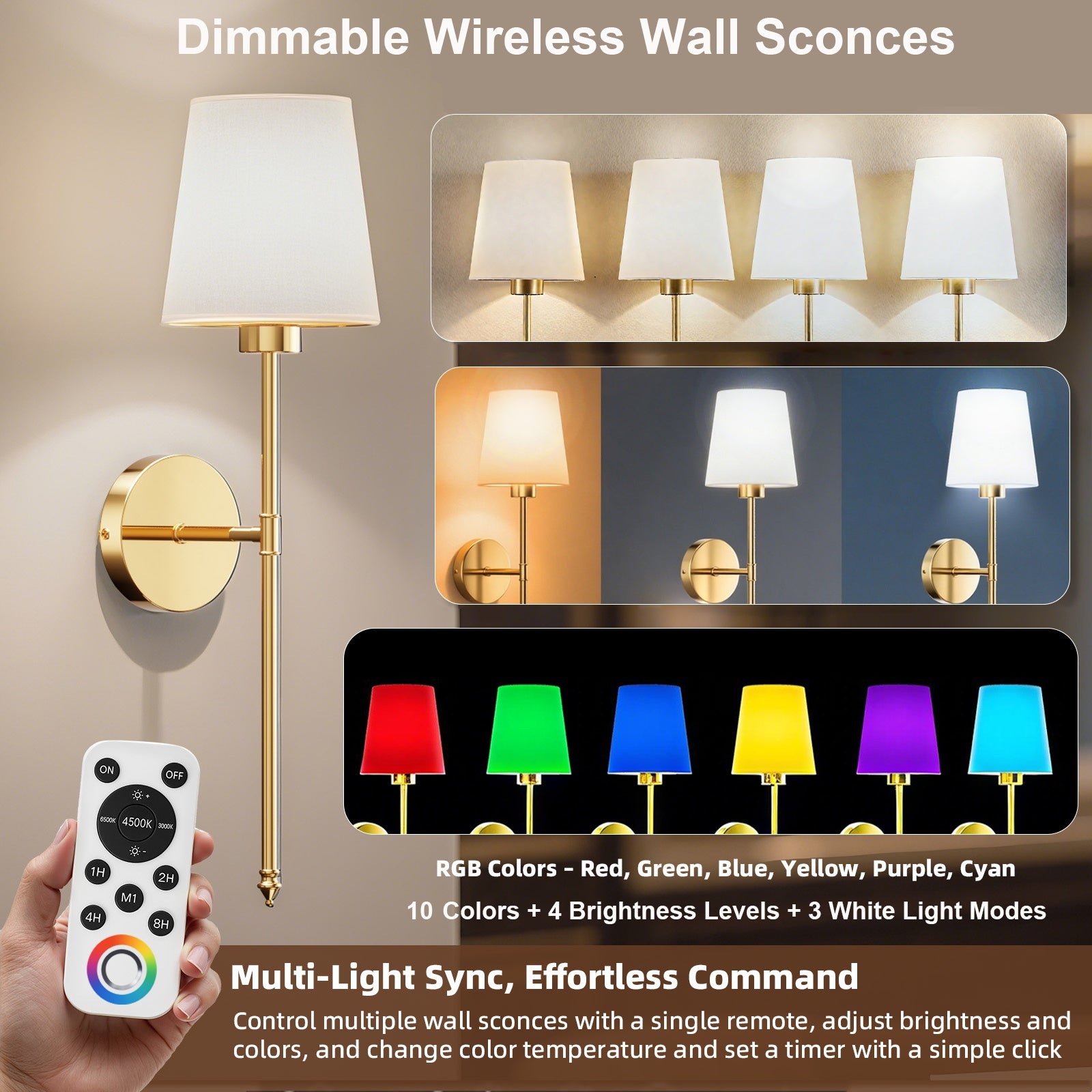 Wall Sconces Battery Operated Set of 2, Wireless Wall Sconces Set of Two, 10 Colors Battery Wall Sconce, 5200mAh Dimmable Bulbs and Remote, for Bedroom Living Room, Hallway Decor (24 inch)