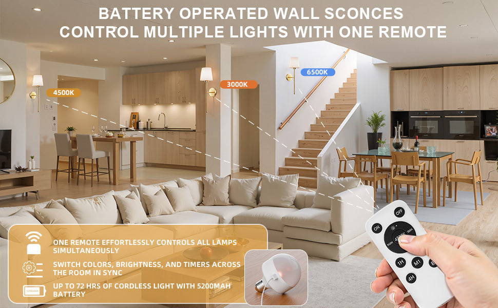 Wall Sconces Battery Operated Set of 2, Wireless Wall Sconces Set of Two, 10 Colors Battery Wall Sconce, 5200mAh Dimmable Bulbs and Remote, for Bedroom Living Room, Hallway Decor (24 inch)