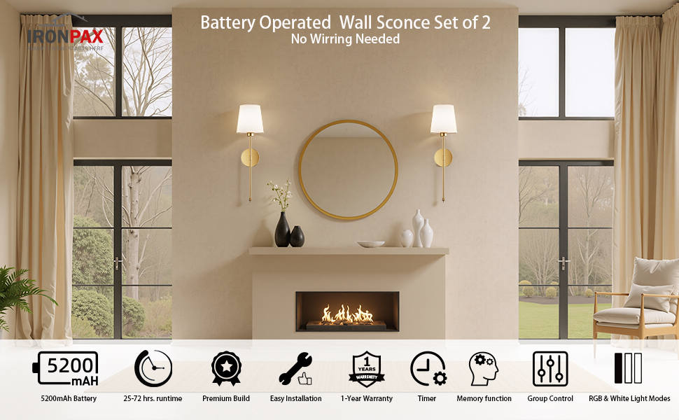 Wall Sconces Battery Operated Set of 2, Wireless Wall Sconces Set of Two, 10 Colors Battery Wall Sconce, 5200mAh Dimmable Bulbs and Remote, for Bedroom Living Room, Hallway Decor (24 inch)